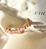 Bracelete Folheado Dourado Pedras de Chaton Retangulares Rosa